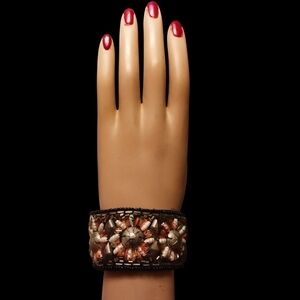 Handcrafted Brown and Orange Beaded Floral Cuff Bracelet